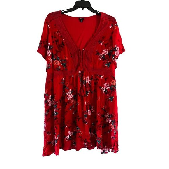Torrid 5XL Red Floral Flutter Sleeve Lace Up Neck Dress midi sundress career - Picture 6 of 8